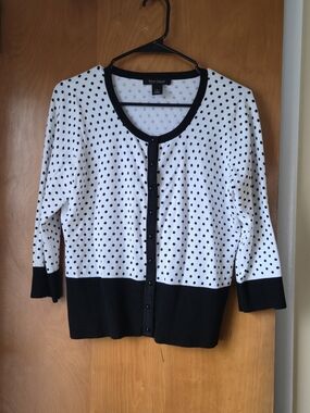 White House Black Market White and Black Polka Dot Cardigan